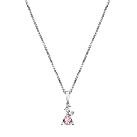 A gold necklace with a trillion-cut morganite inlaid pendant and small diamonds of varying sizes