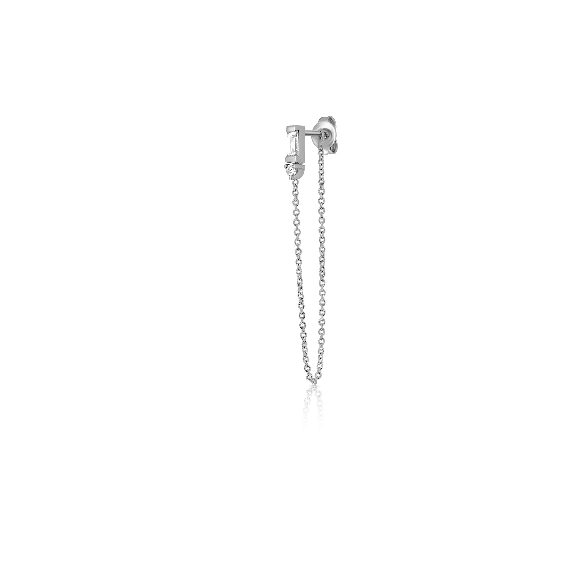 A special gold chain earring set with lab diamonds in a baguette and circle cut