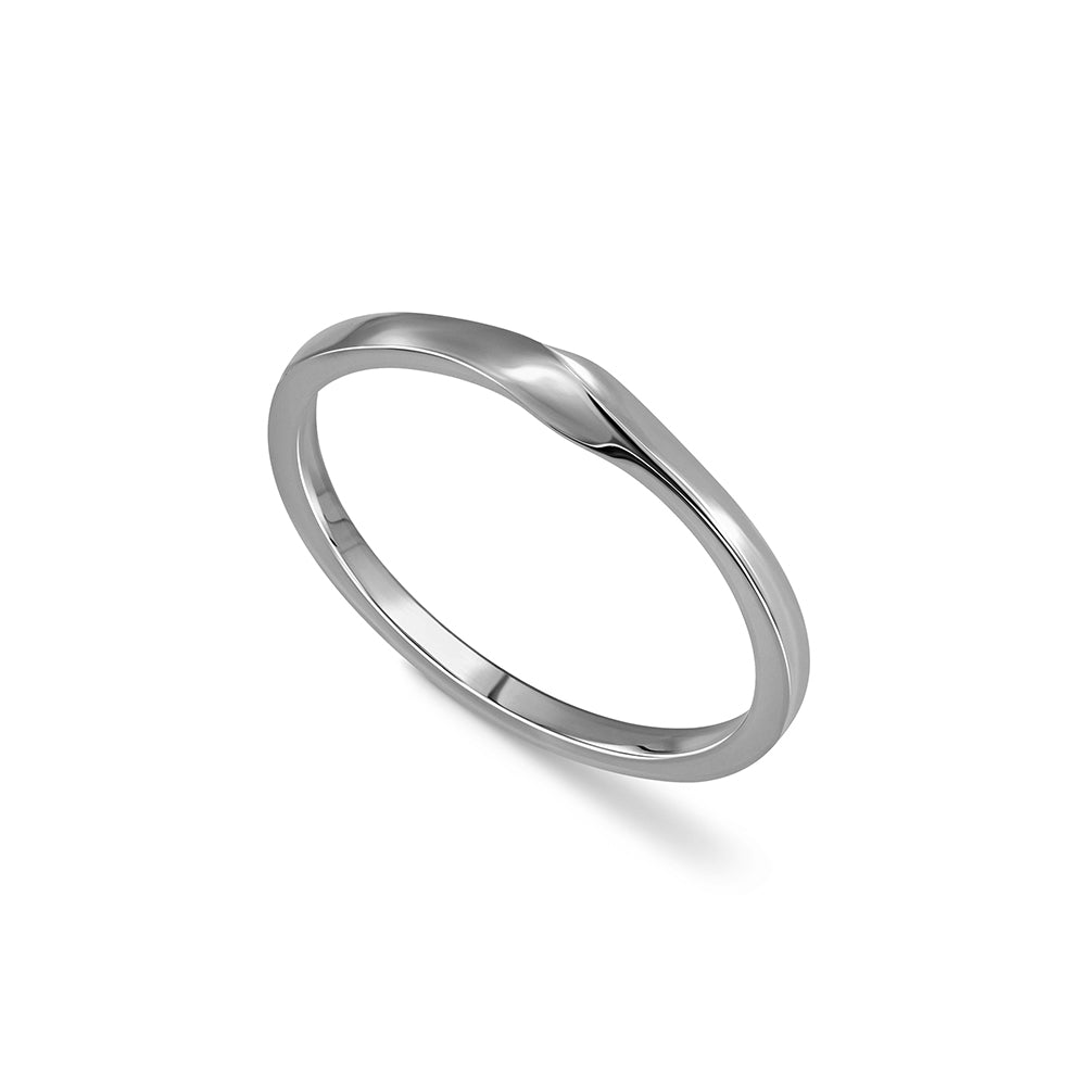 A thin wedding ring with a twist in the front part