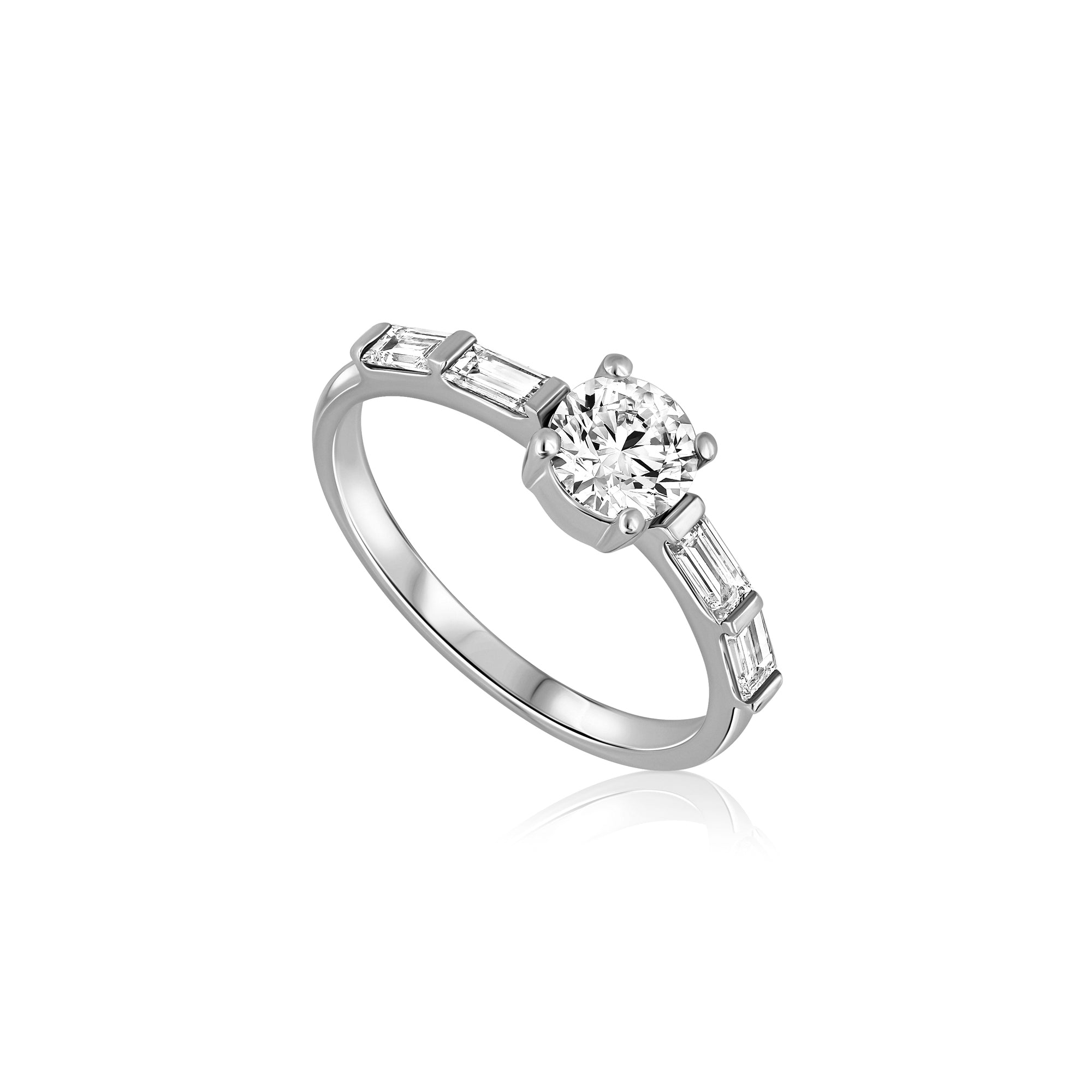 A beautiful engagement ring set with a 70-point lab diamond and baguette-cut diamonds