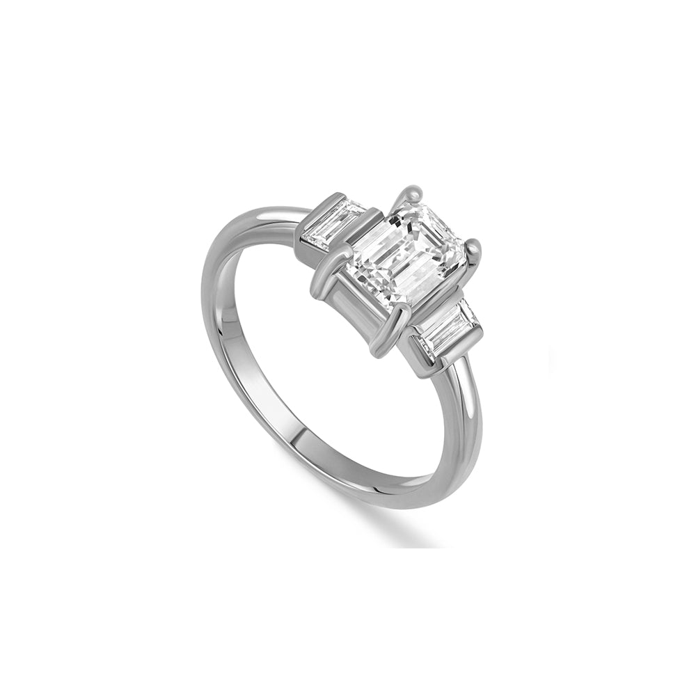 A modern gold engagement ring set with laboratory diamonds
