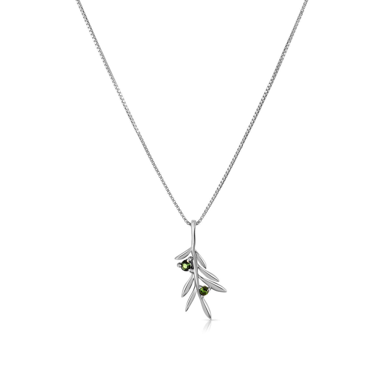 Gold necklace with an olive leaf pendant studded with tourmalines
