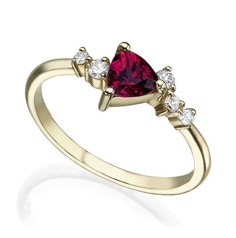 Engagement ring set with trillion-cut rhodolite and diamonds all around