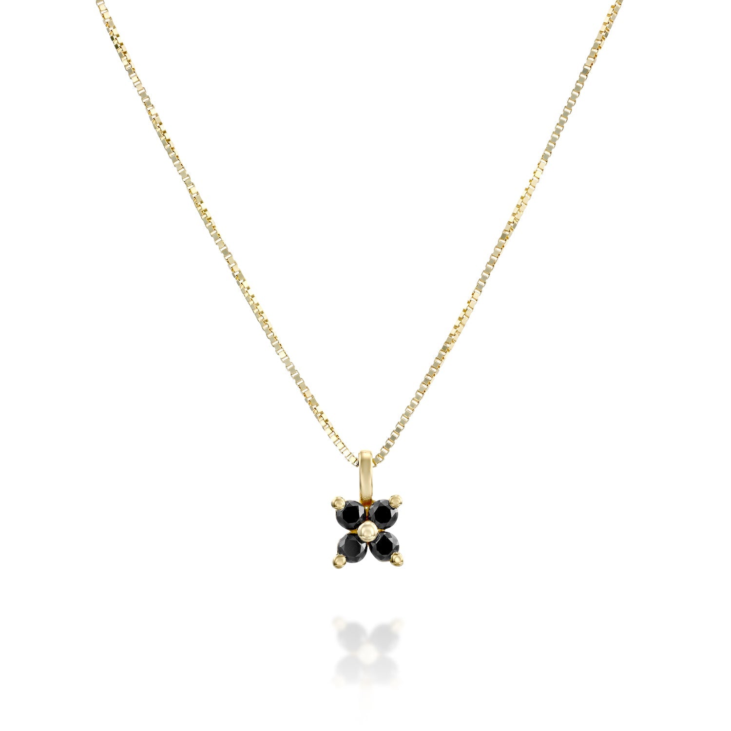 Delicate gold necklace for women with 4 black diamonds in the shape of a horizontal flower