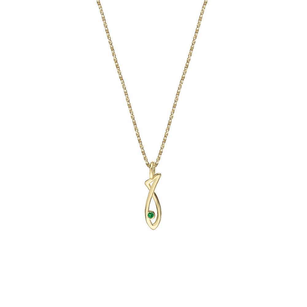 Gold necklace with an emerald-studded fish pendant
