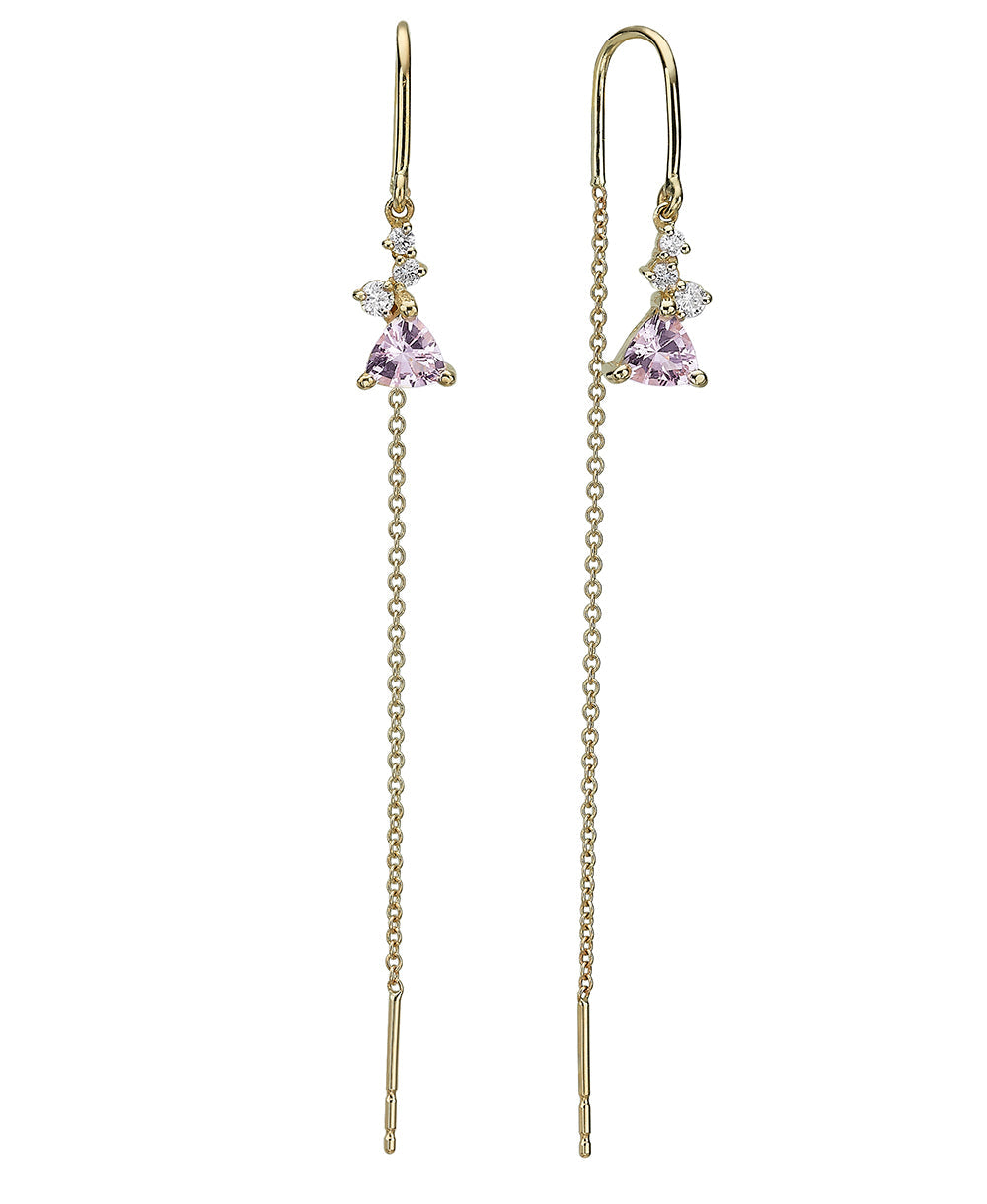 Gold earrings with a chain set with trillion-cut morganite and small diamonds of varying sizes