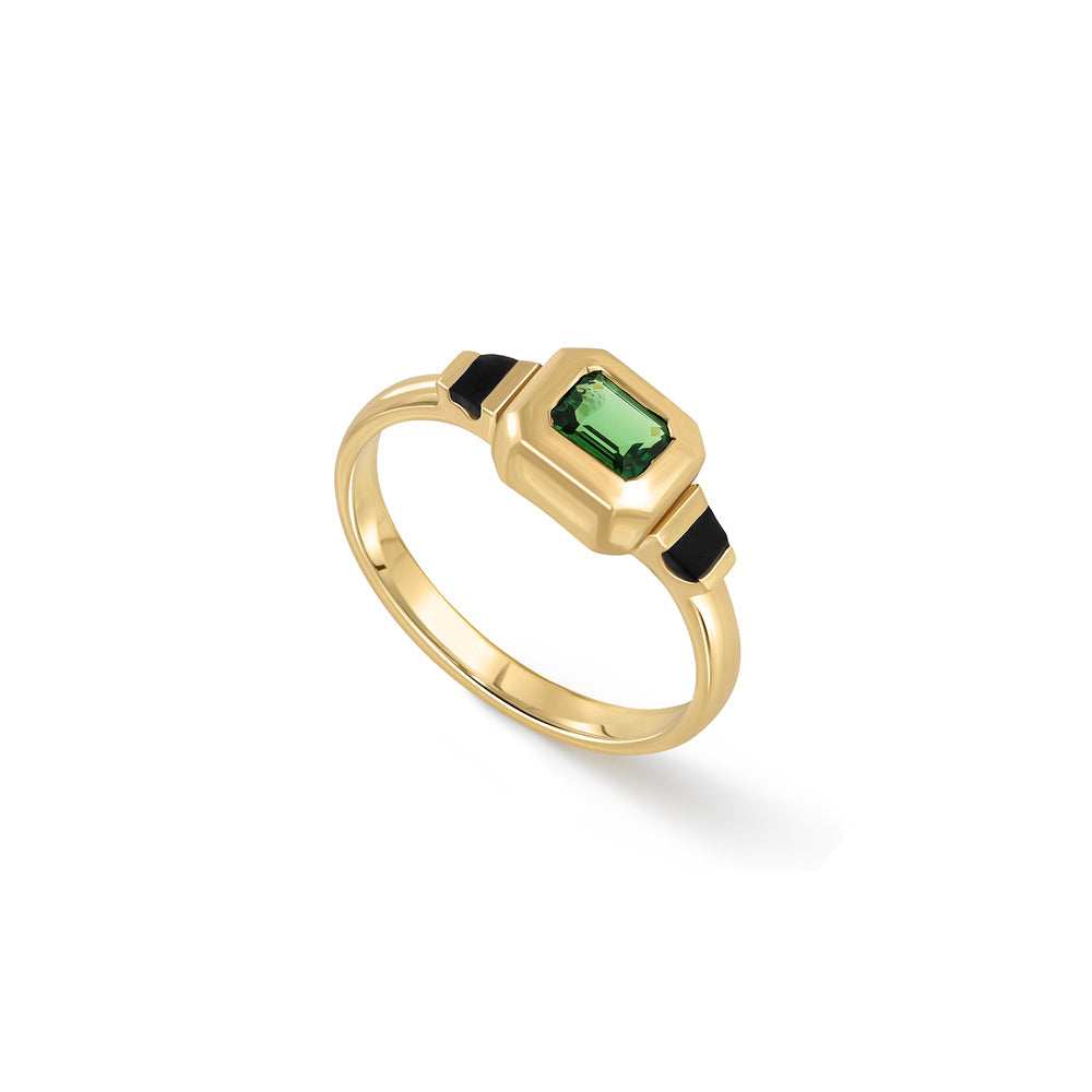 A special rectangular gold ring, inlaid with green tourmaline combined with black enamel