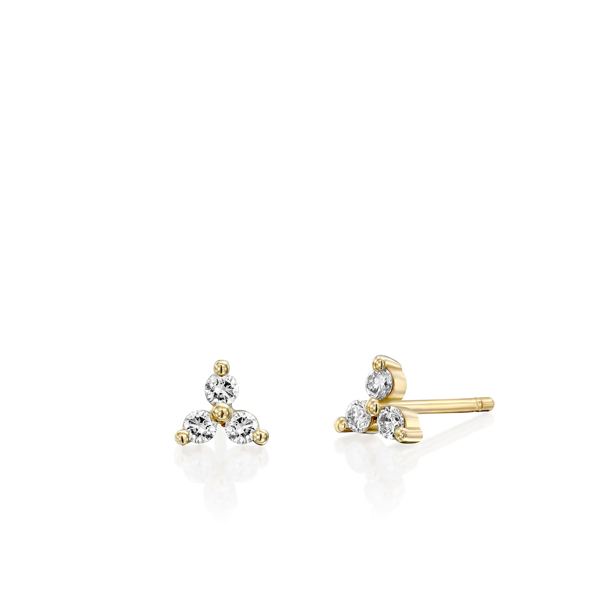 Gold stud earrings inlaid with 3 white diamonds