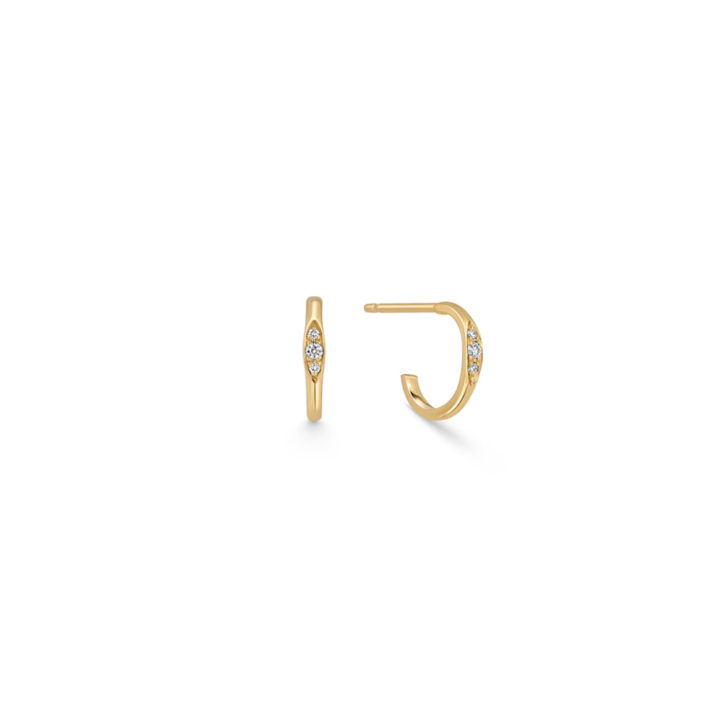 Small gold hoop earrings set with 3 diamonds