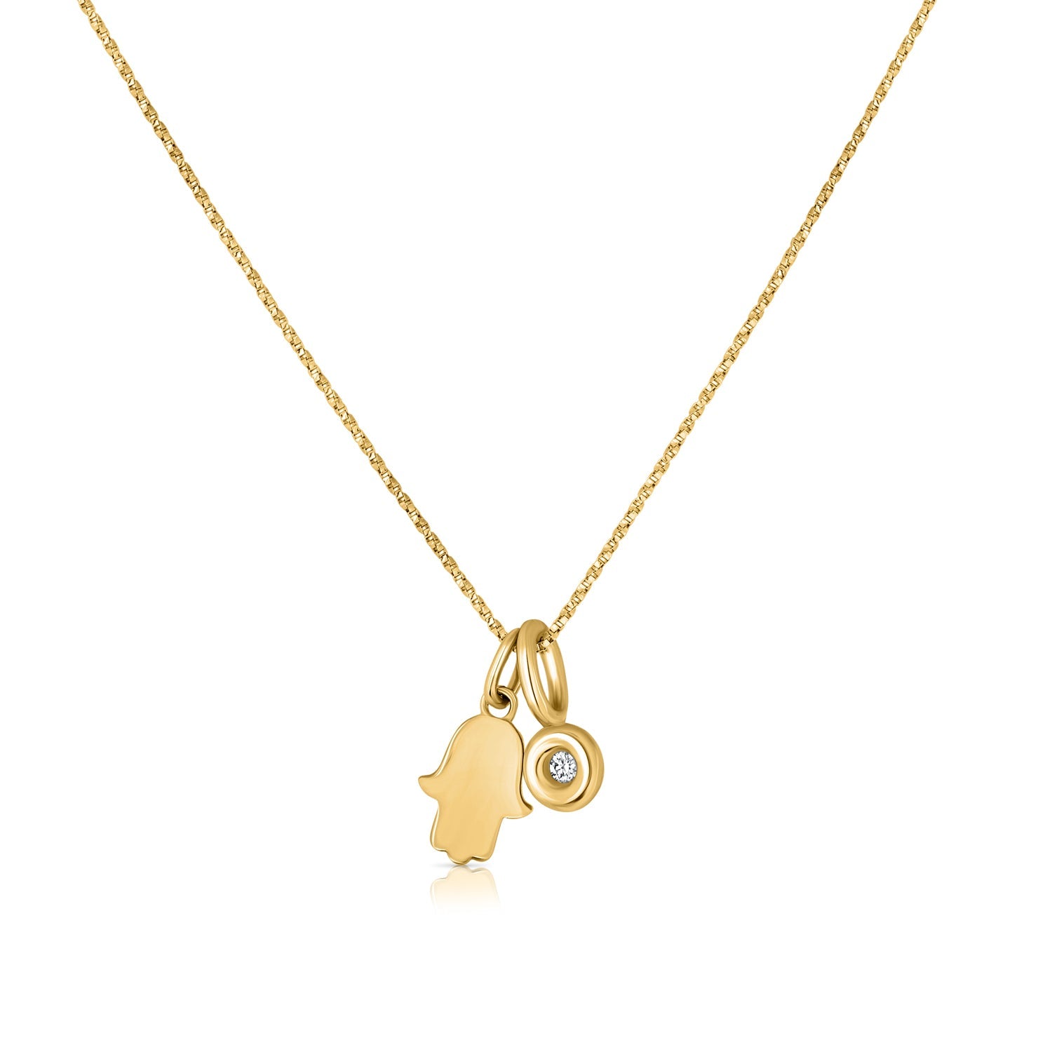 A flat Hamsa gold chain combined with a diamond pendant