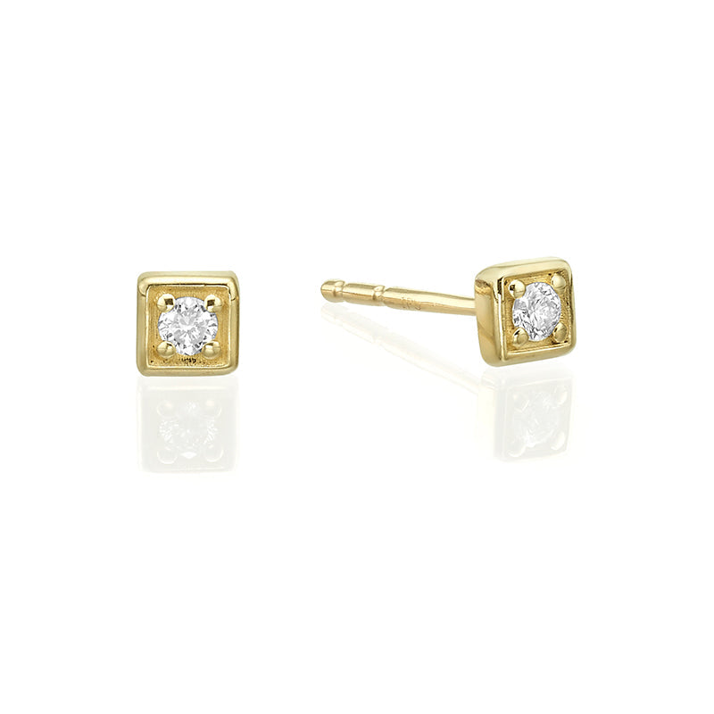 Small attached round diamond earrings in a square frame