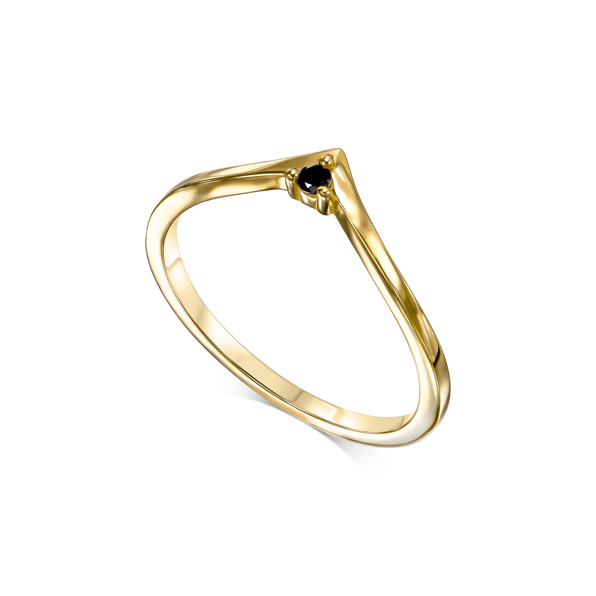 V-shaped gold ring set with a black diamond