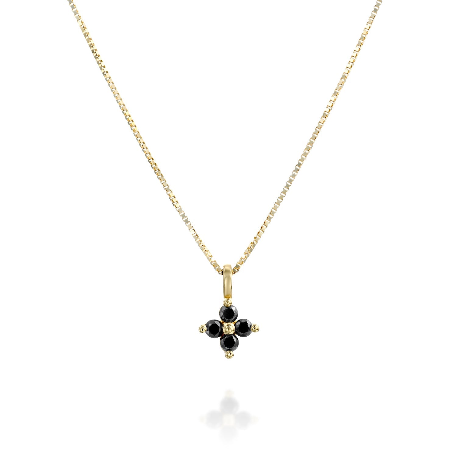 Fine gold necklace with a flower pendant inlaid with 4 black diamonds