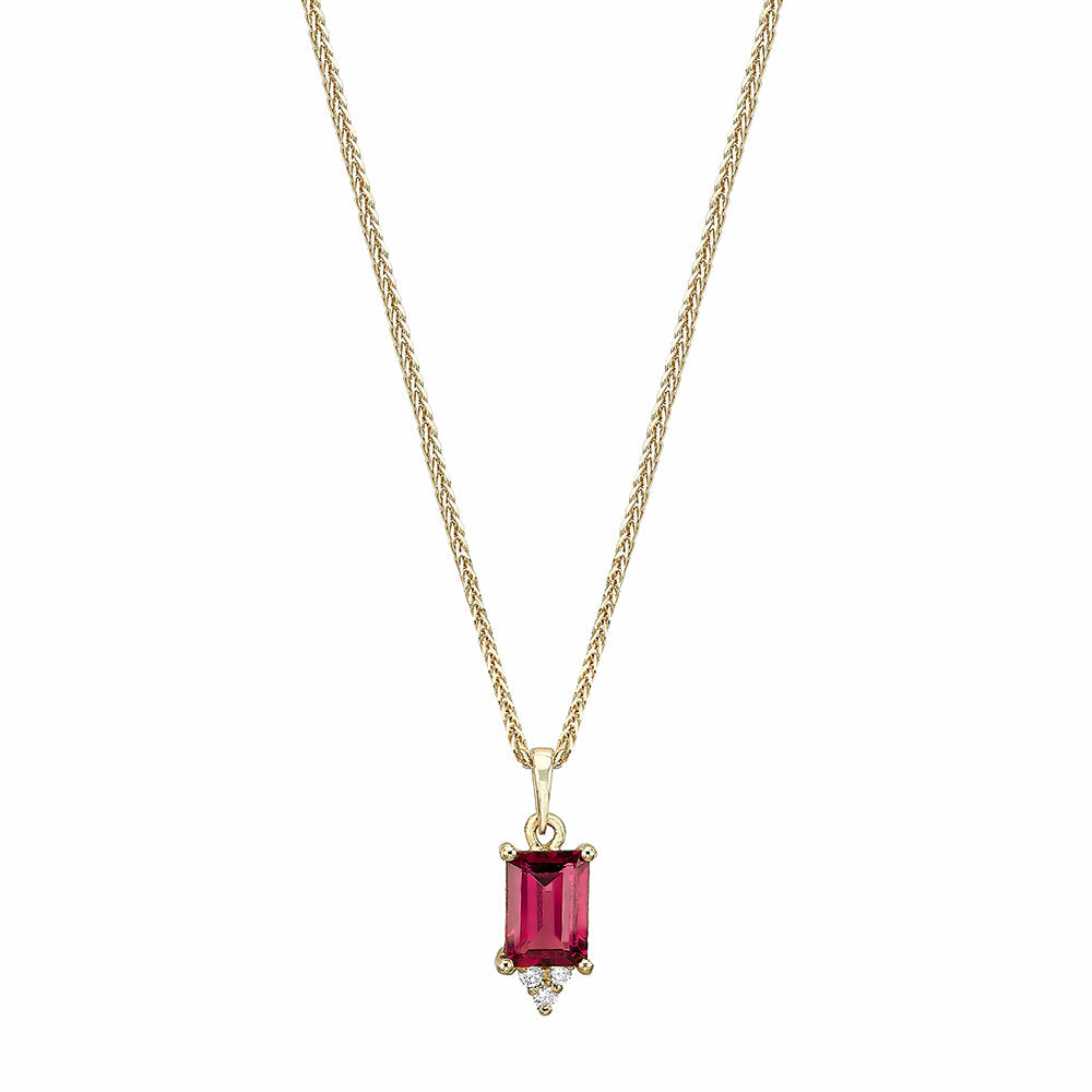 Gold necklace with rhodolite inlaid pendant with emerald cut and diamonds