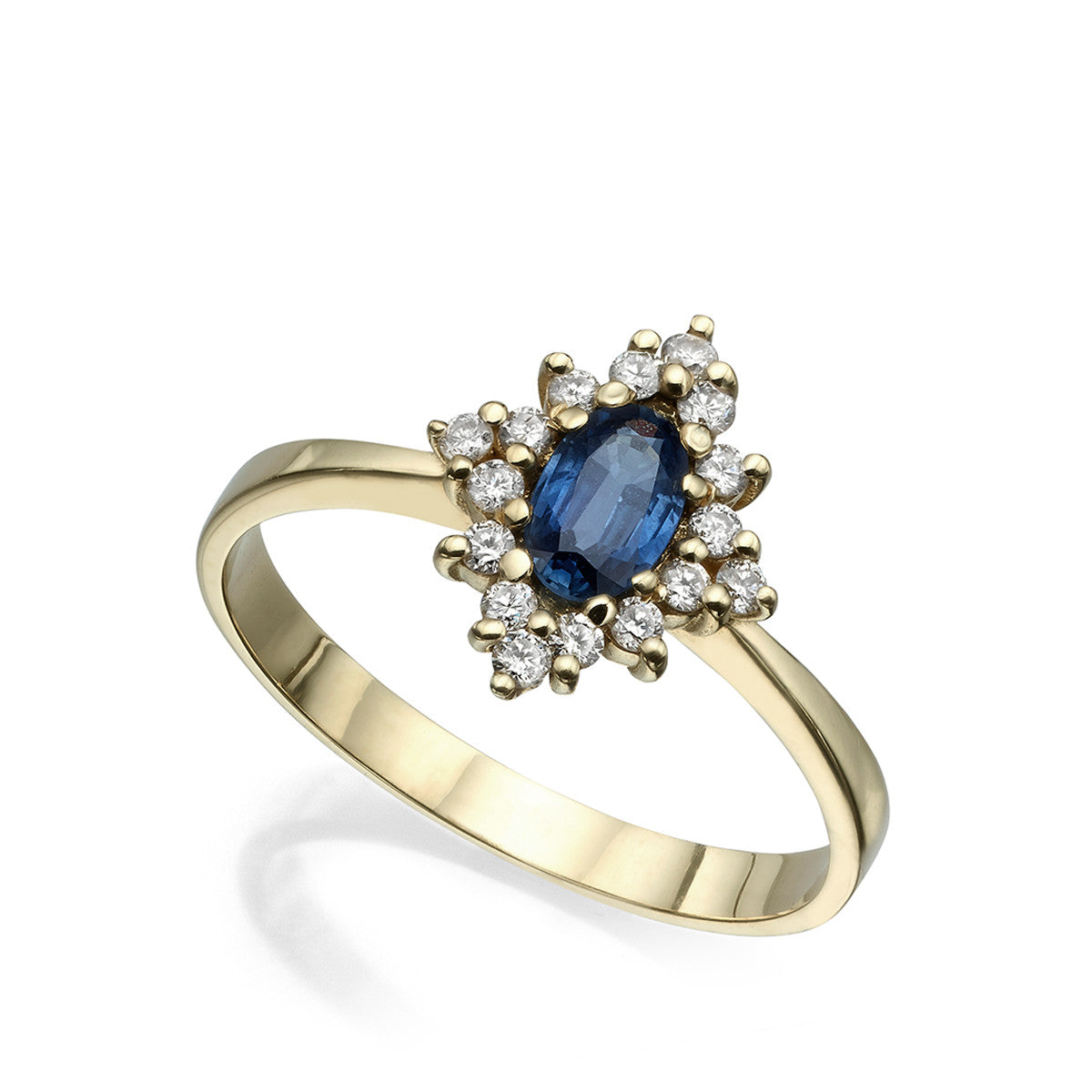 Vintage style gold ring, blue sapphire and diamonds