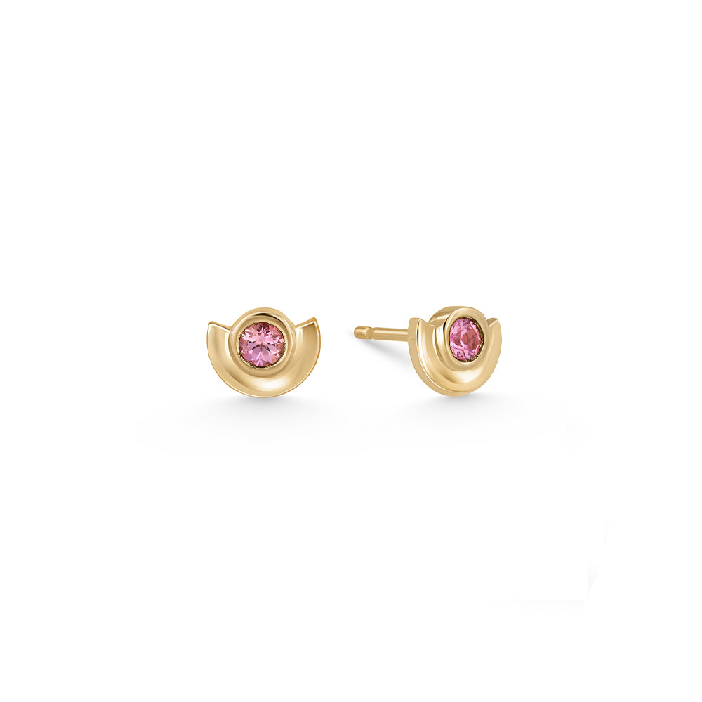 Gold earrings, tight, small, in the shape of a semicircle embedded with a pink sapphire