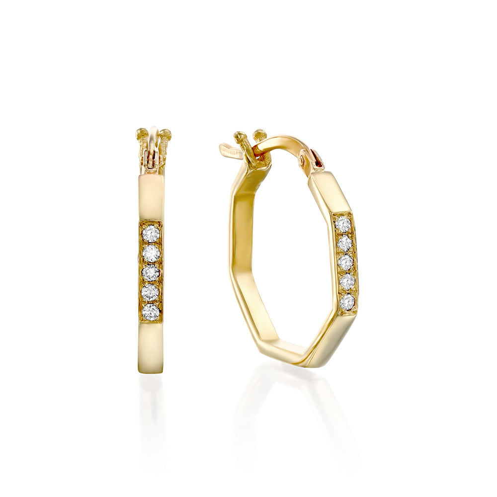 Hexagon geometric hoop earrings studded with diamonds