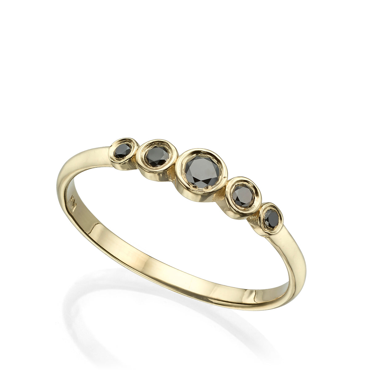 A ring with 5 black diamonds in a cup setting