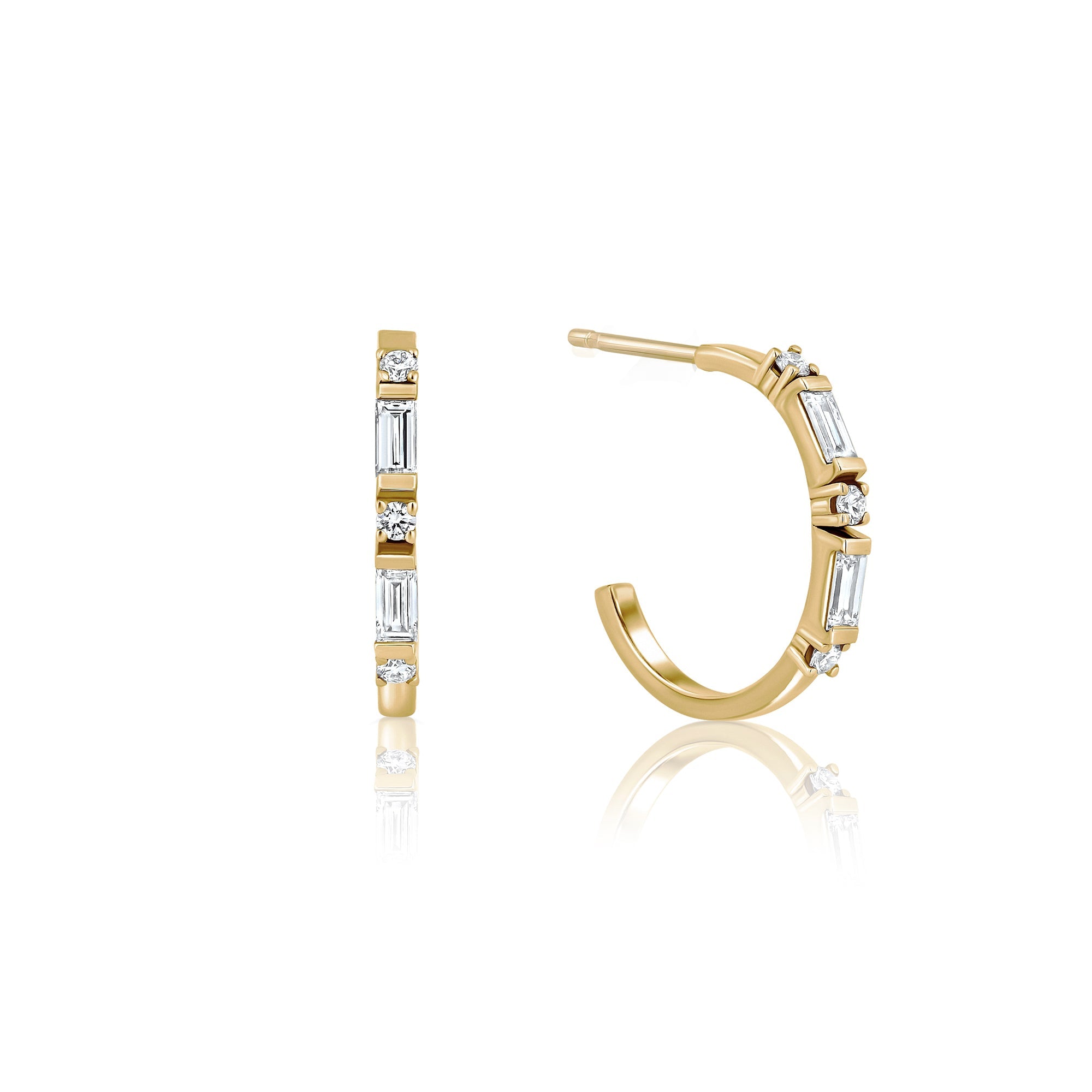Special gold hoop earrings set with baguette-cut laboratory diamonds