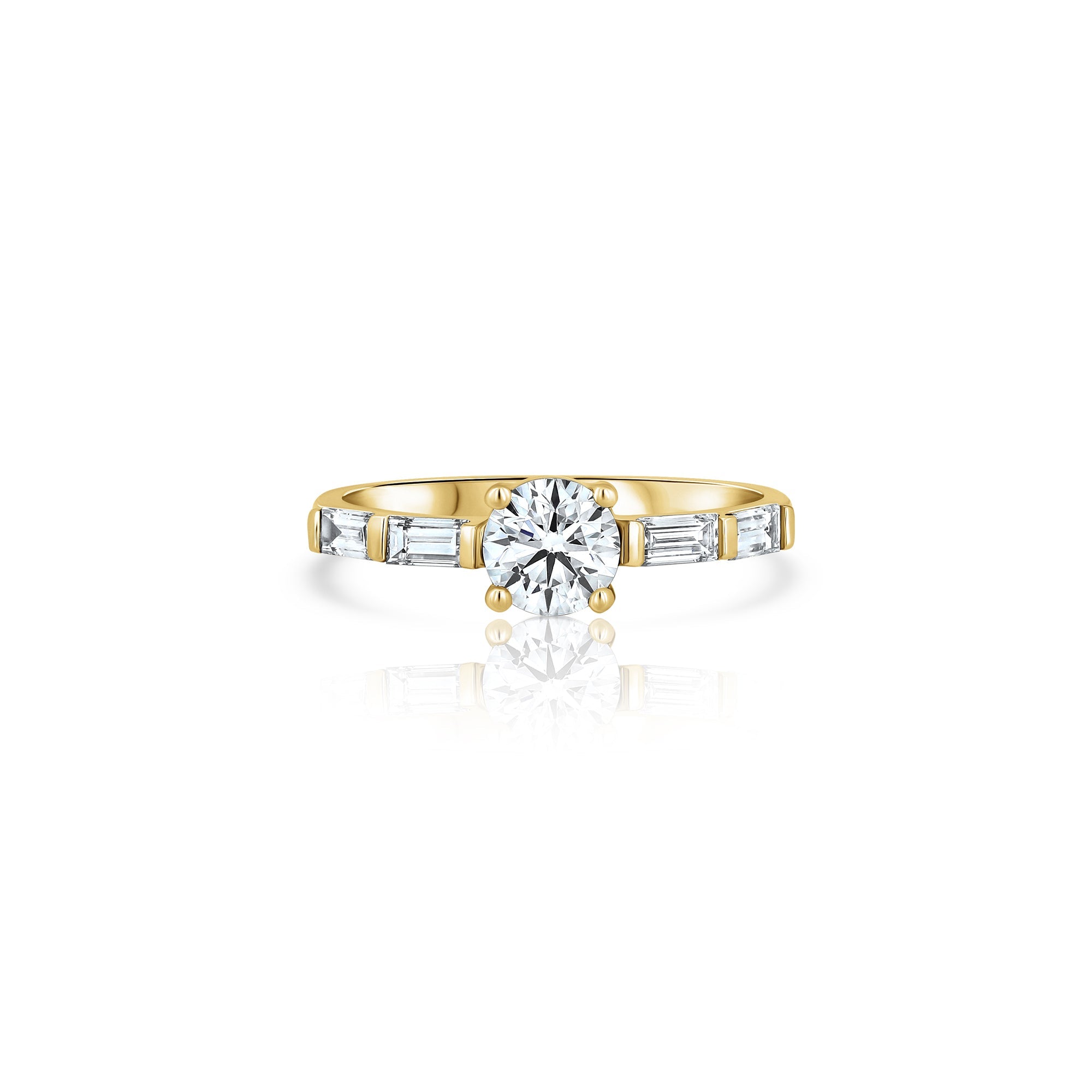 A beautiful engagement ring set with a 70-point lab diamond and baguette-cut diamonds