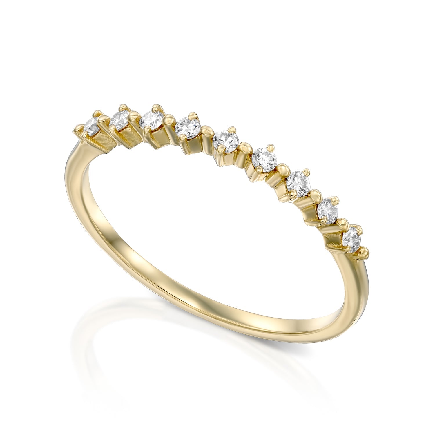 A delicate diamond ring set with 9 diamonds in a special setting