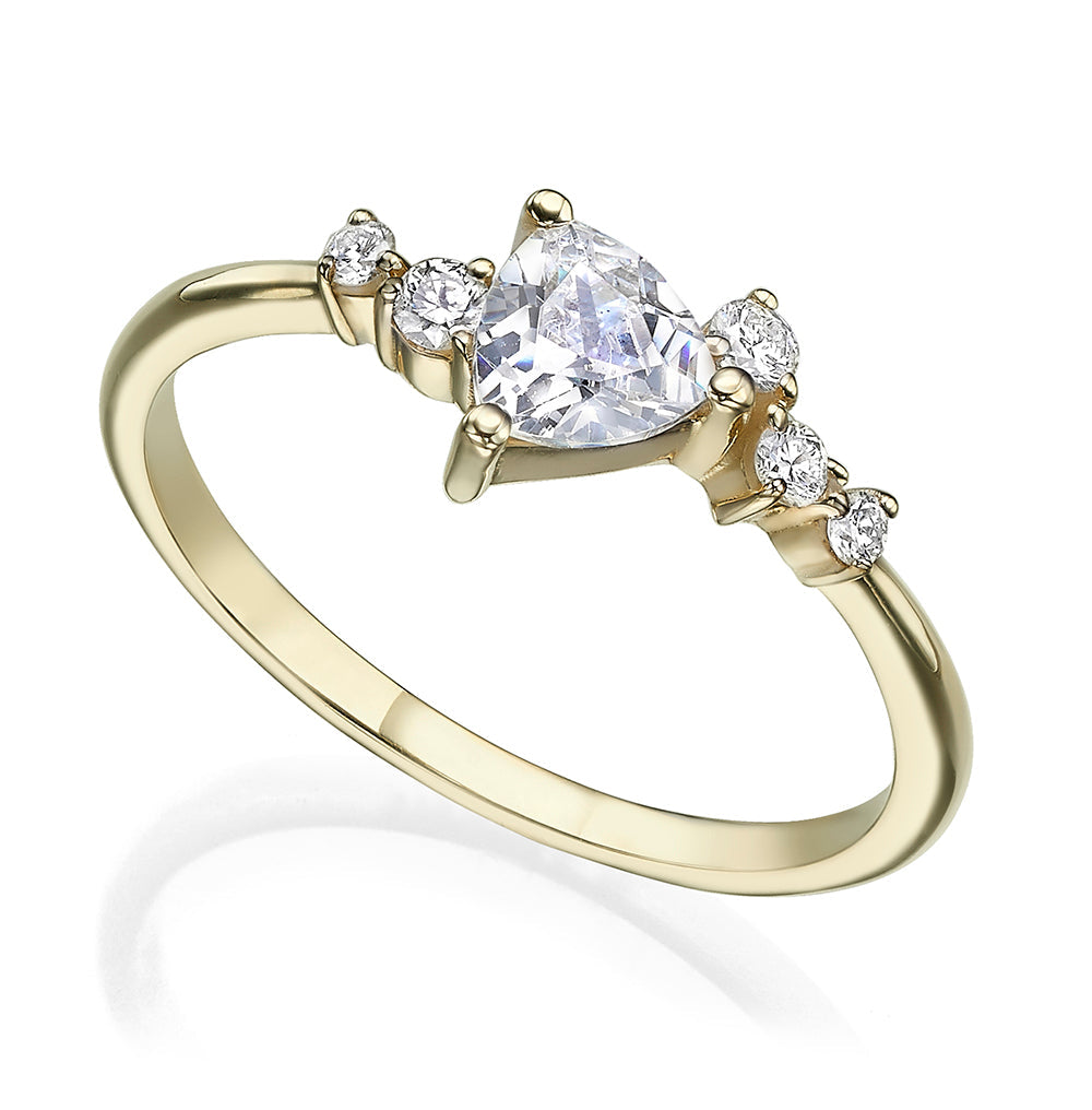 An engagement ring set with a trillion-cut diamond and diamonds all around