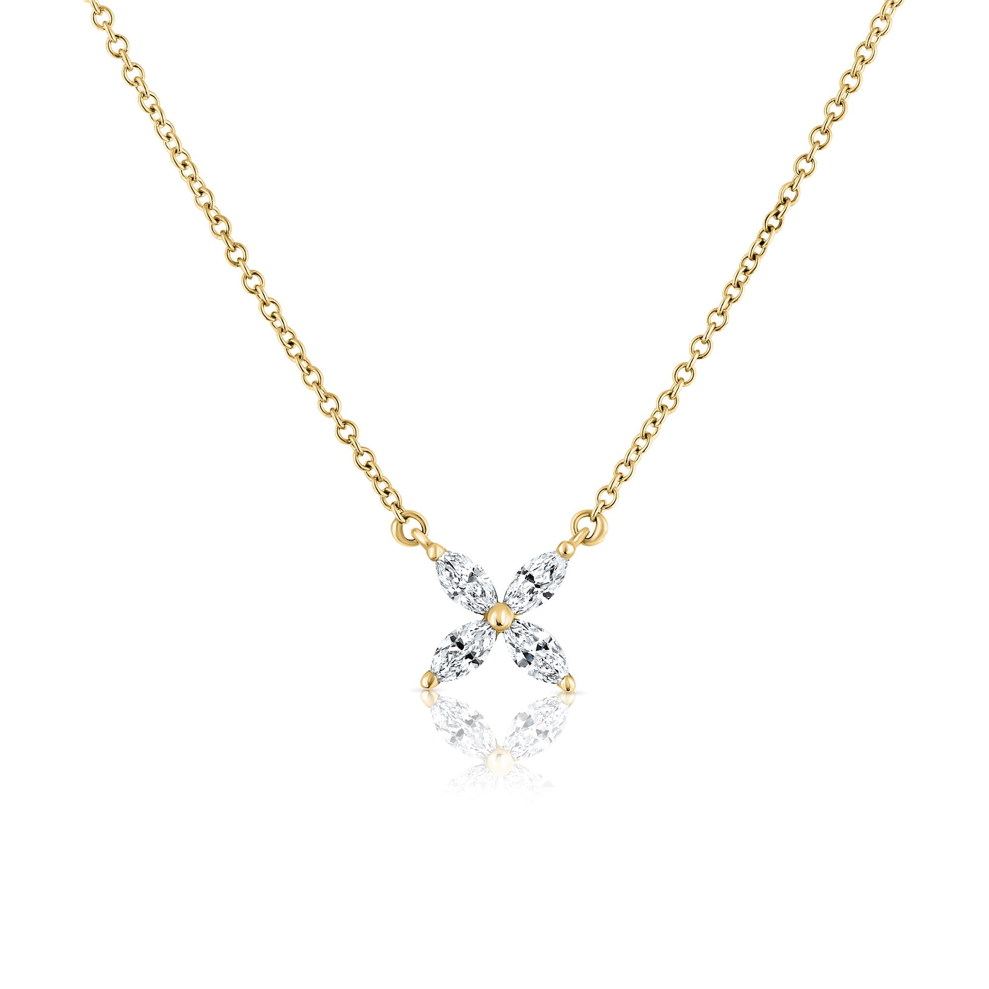 Gold necklace with a flower pendant made of 4 marquise-cut laboratory diamonds