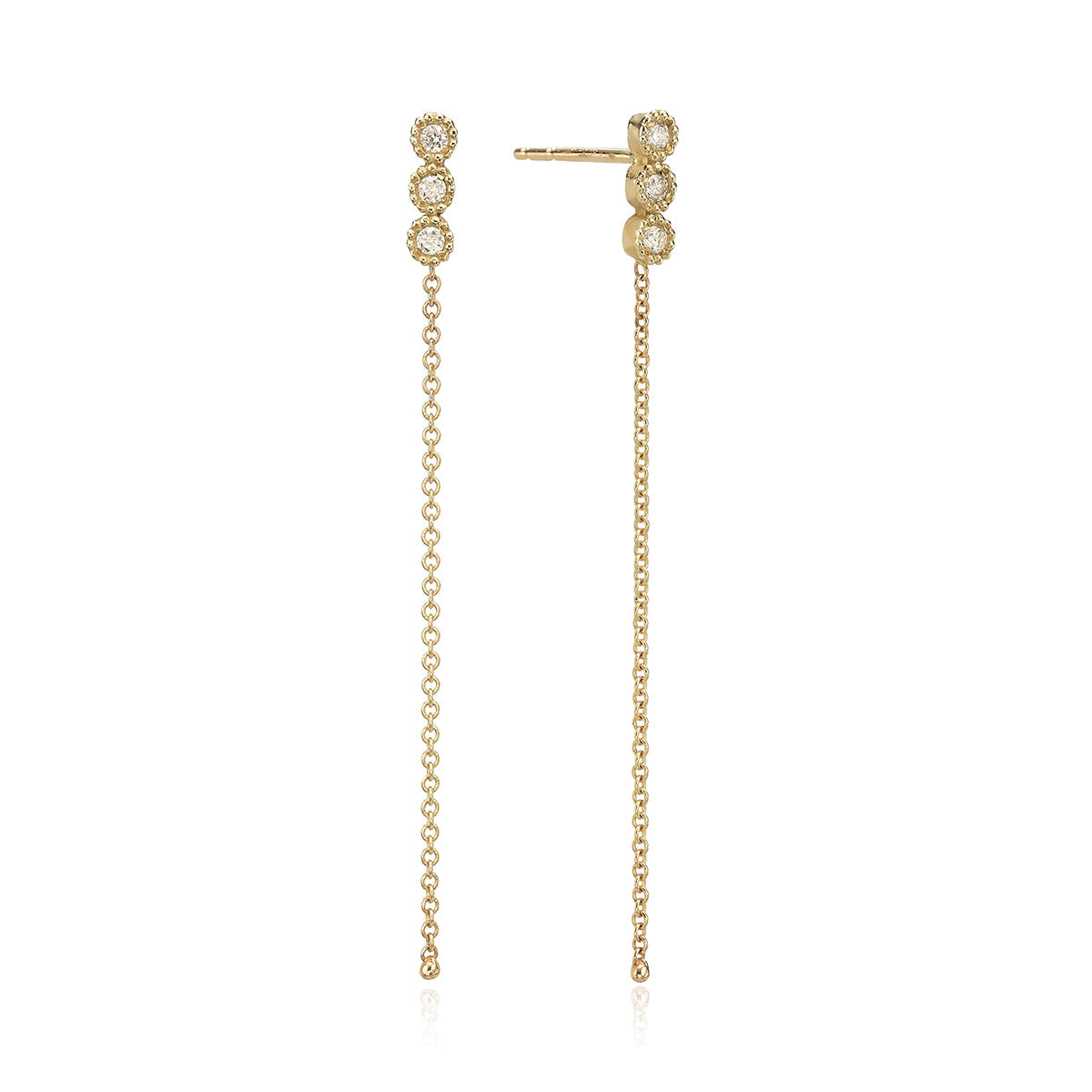 Attached white diamond earrings with a gold chain