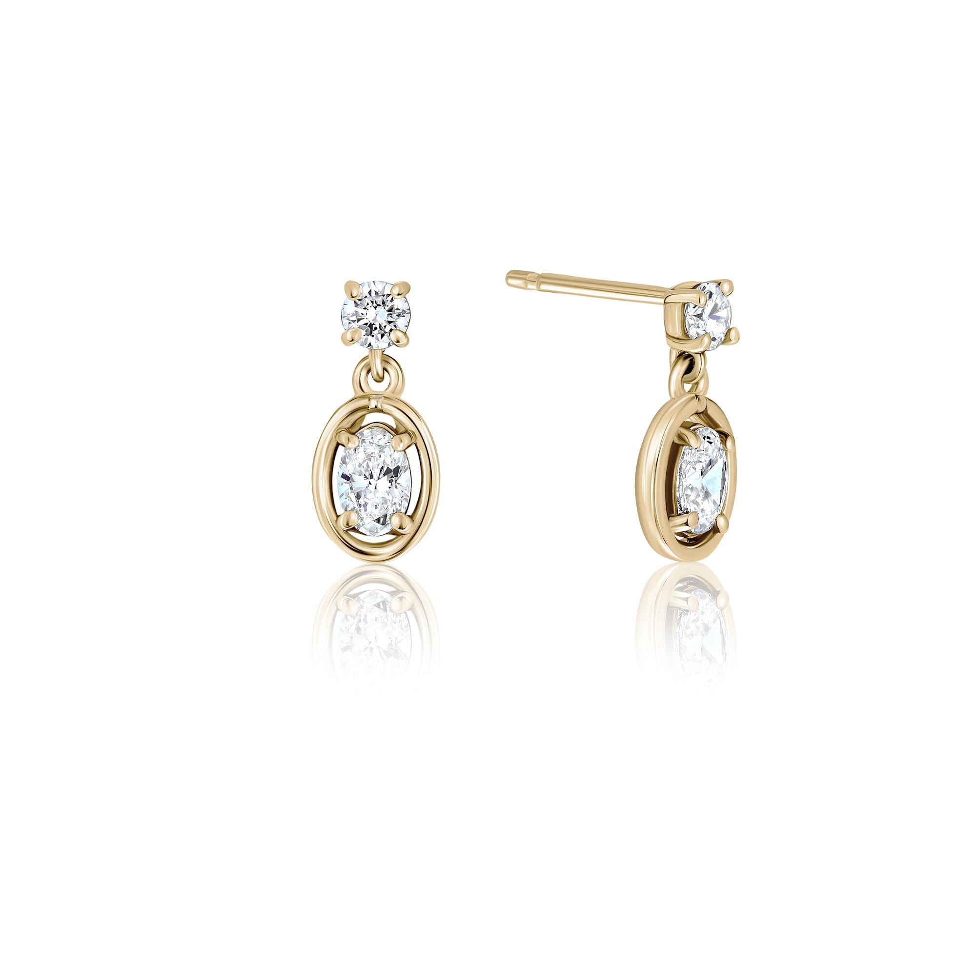 Close-fitting dangling lab diamond earrings in a round and oval cut