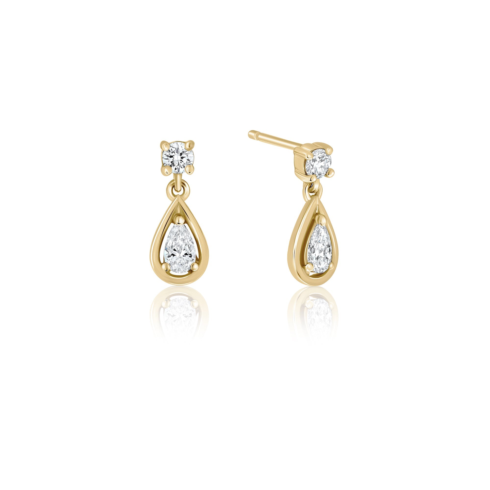 Dangling attached lab diamond earrings in a round cut and a drop