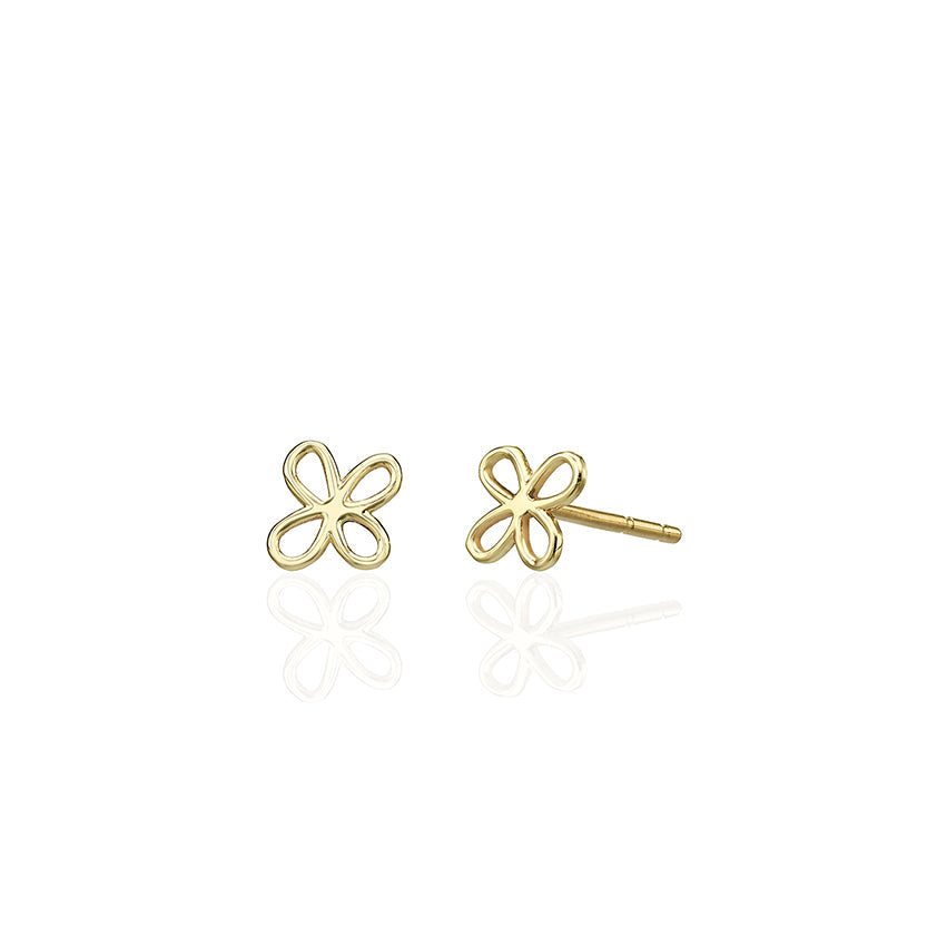 Small tight gold earrings in the shape of a flower outline