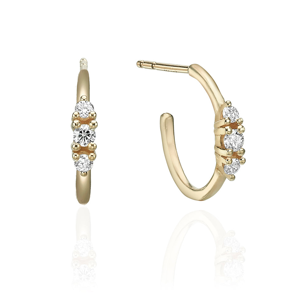 Small hoop earrings set with 3 diamonds
