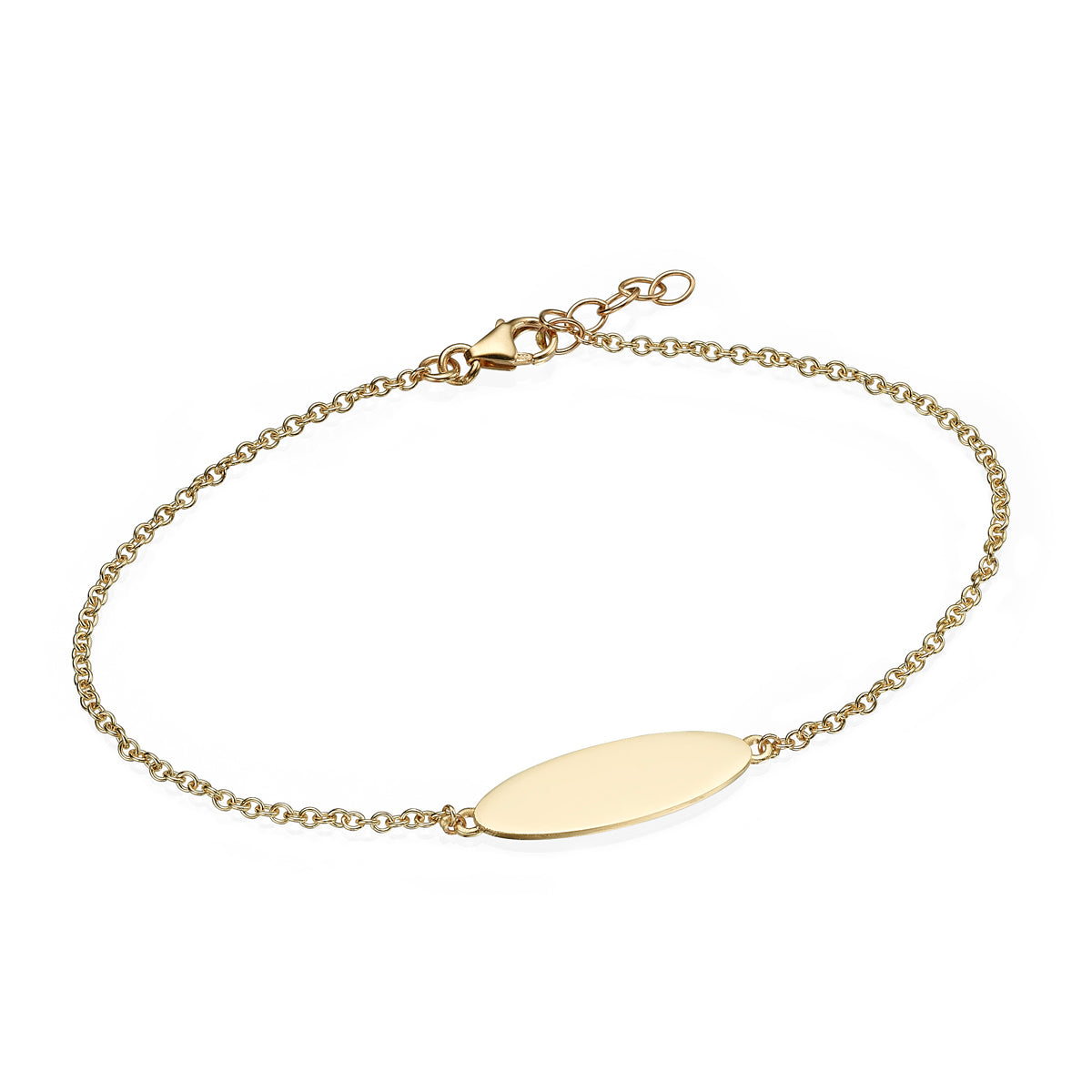 A gold bracelet with an oval engraved name