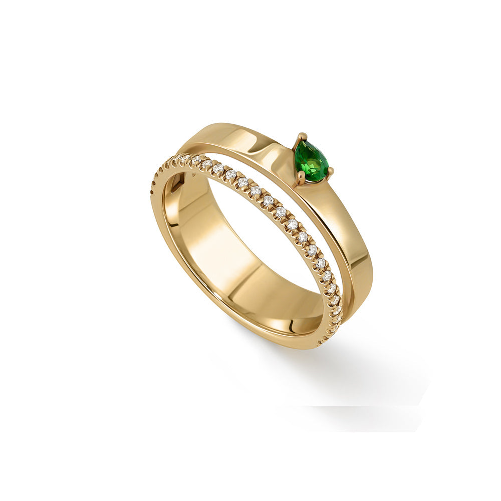 Double gold ring set with a row of diamonds and drop-cut green tourmaline