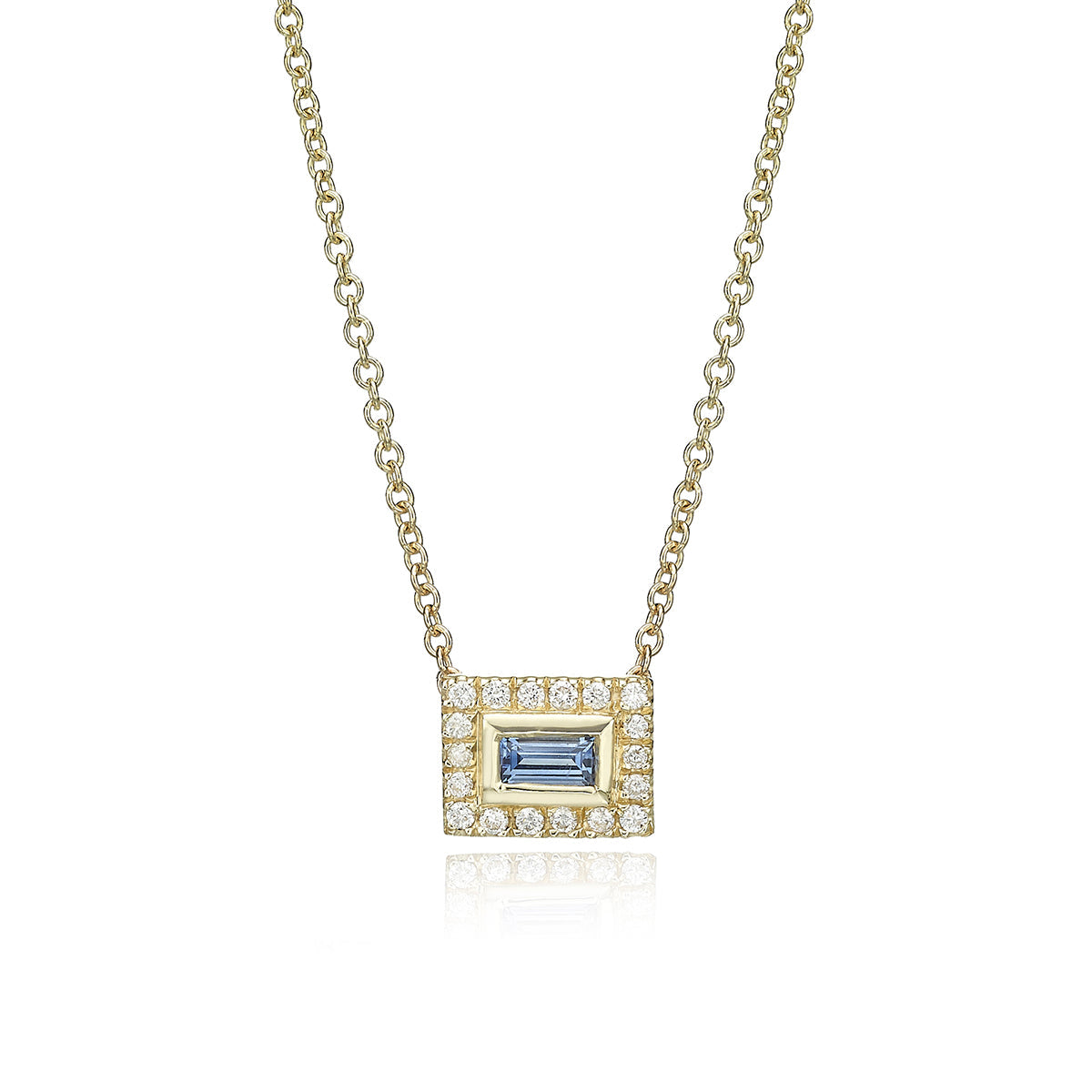 A baguette cut gold chain studded with diamonds and sapphires
