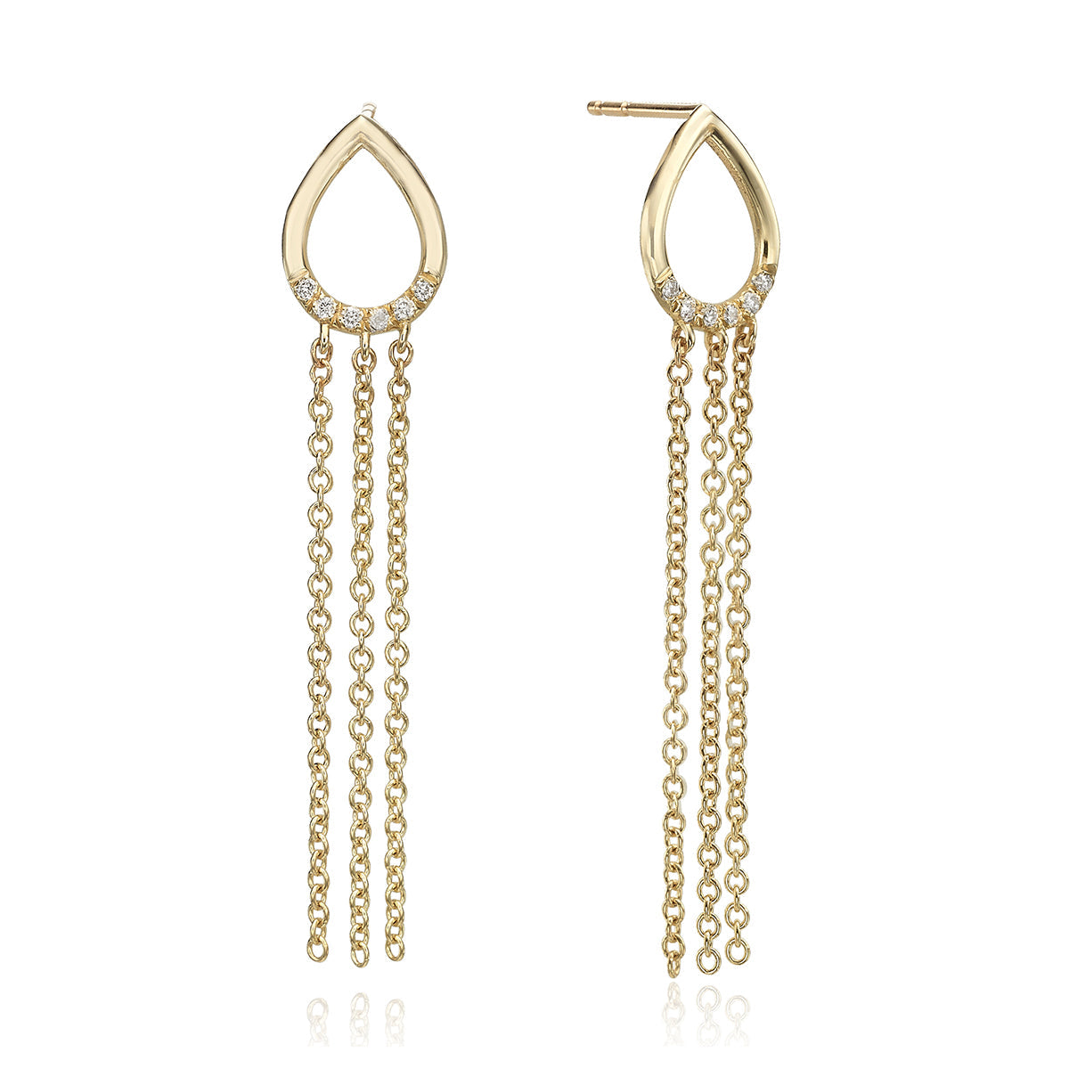 Drop-shaped gold earrings with hanging chains studded with diamonds