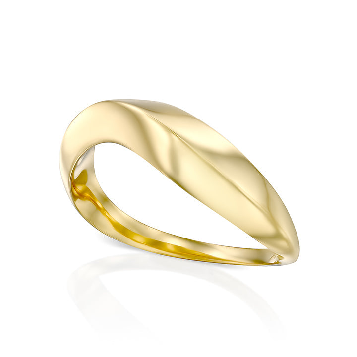 A thick geometric wave-shaped gold ring