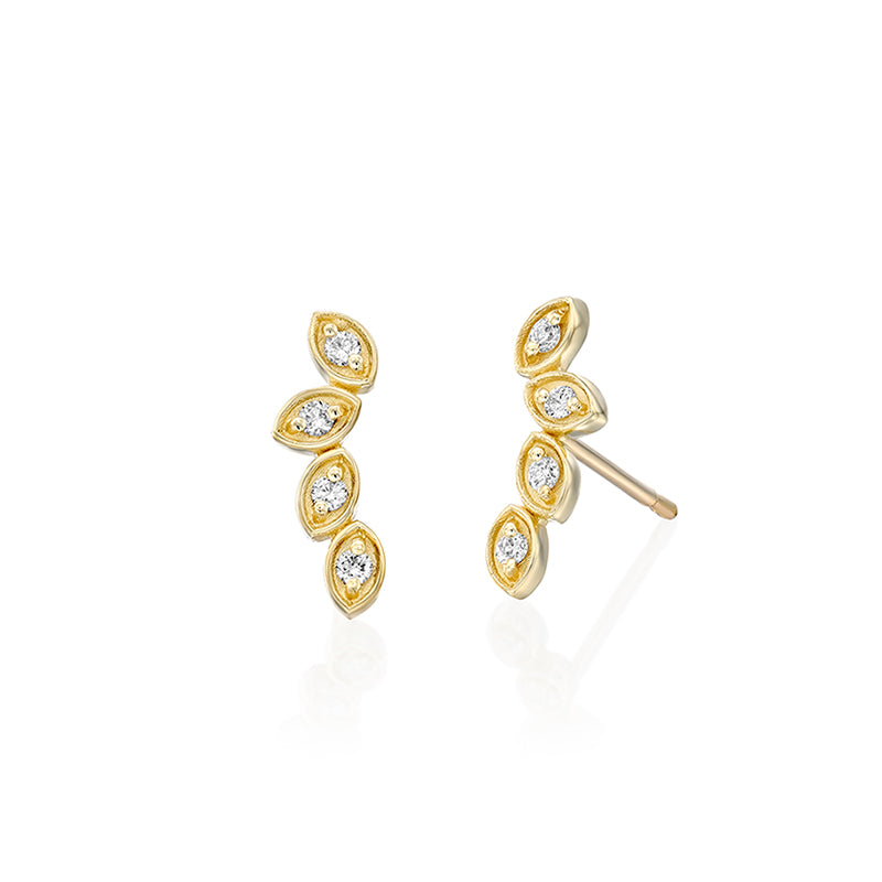 Climbing gold earrings in the shape of four leaves, set with diamonds