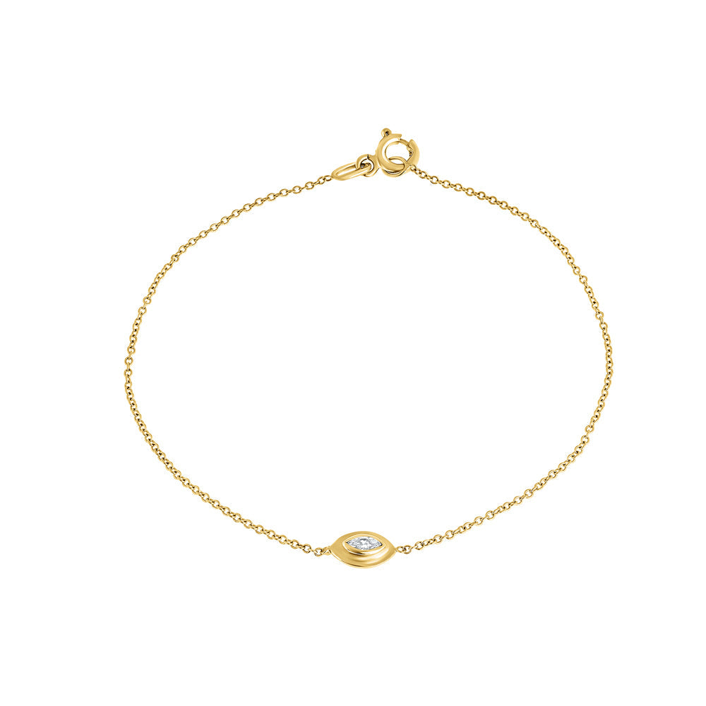 A delicate gold bracelet in the modern Ein Hare style, set with a marquise-cut natural diamond