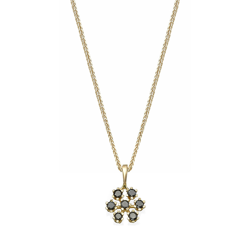 Gold chain and snowflake pendant studded with black diamonds