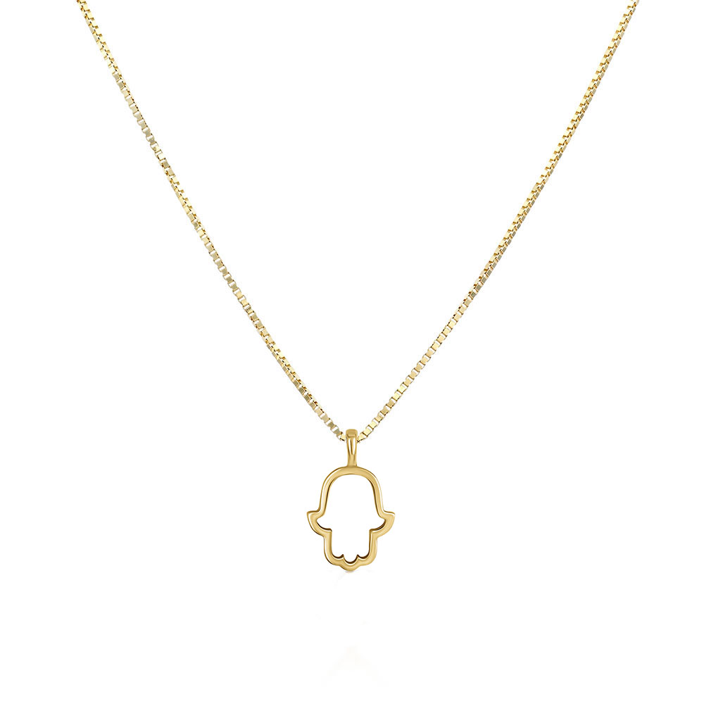 Hamsa gold necklace for women with a small outline