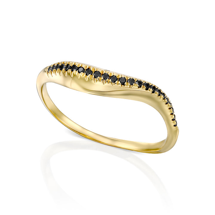 A thick wave ring set with a row of black diamonds