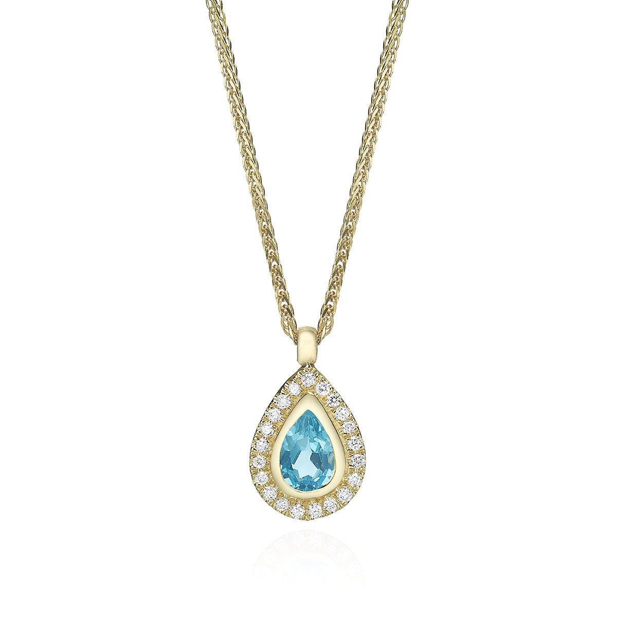 A classic gold chain, a pendant inlaid with blue topaz in the shape of a drop and diamonds all around