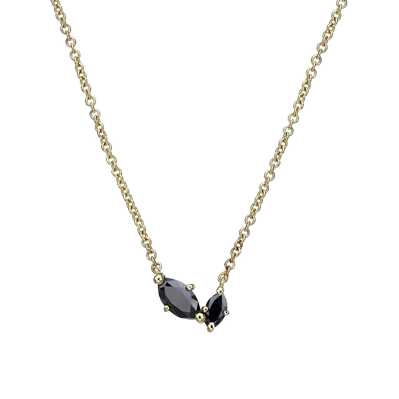 A delicate gold chain inlaid with two marquise-cut black diamonds of different sizes