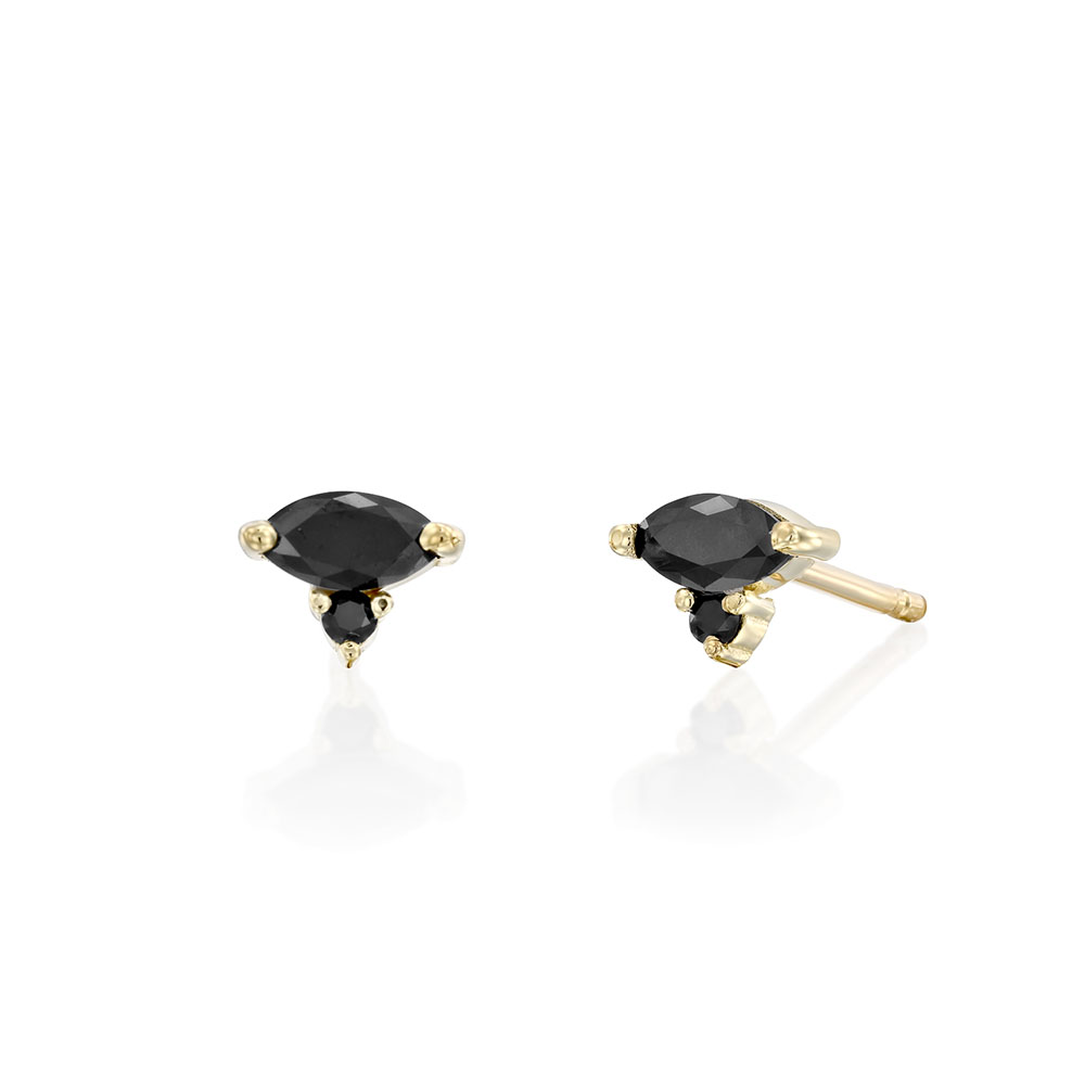 Attached gold earrings and special black diamonds in a marquise and circle cut