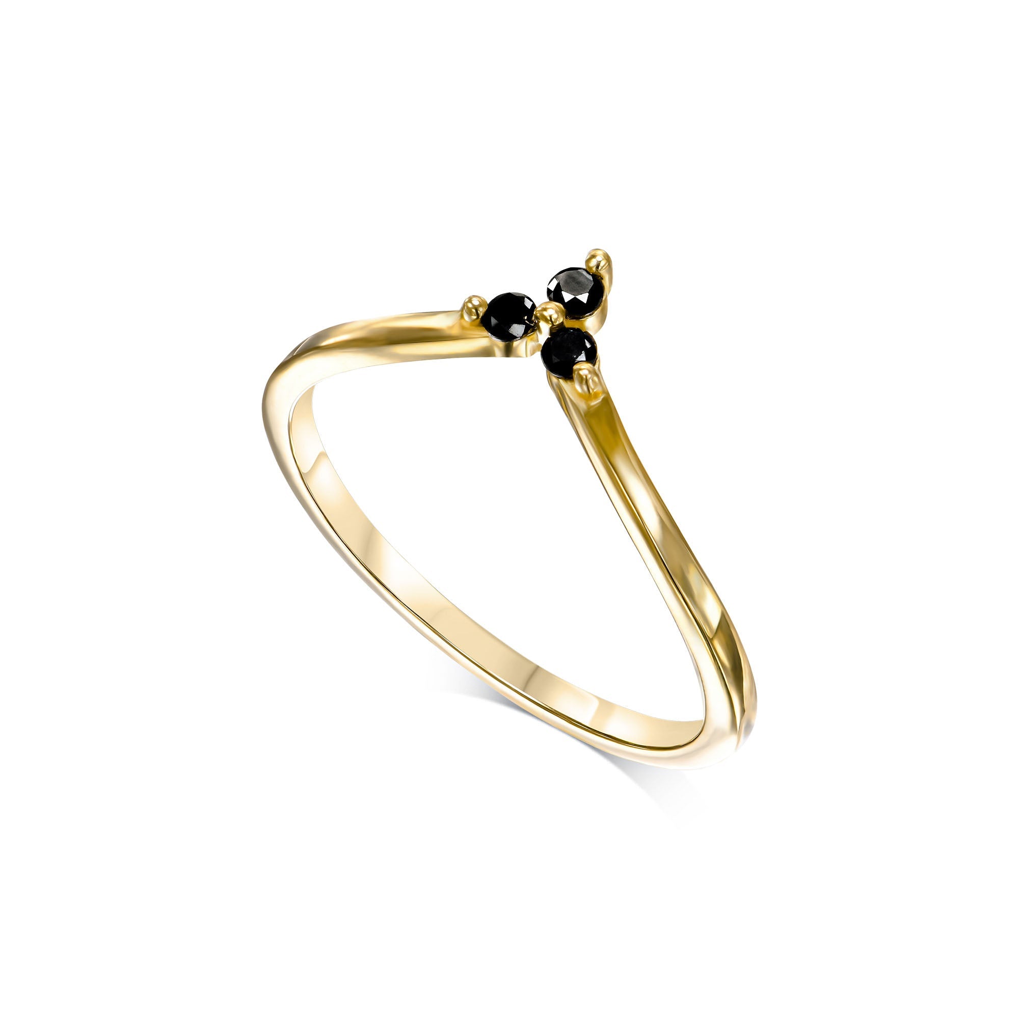 V-shaped gold ring set with 3 black diamonds