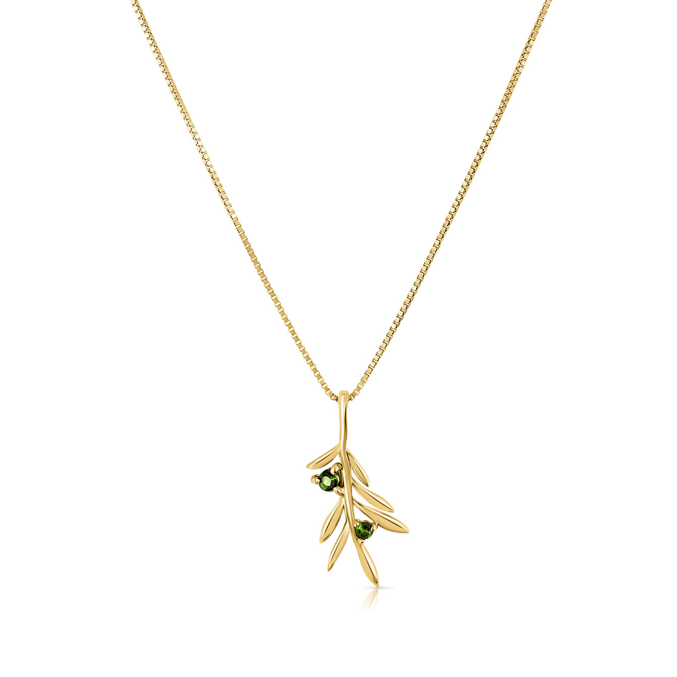 Gold necklace with an olive leaf pendant studded with tourmalines