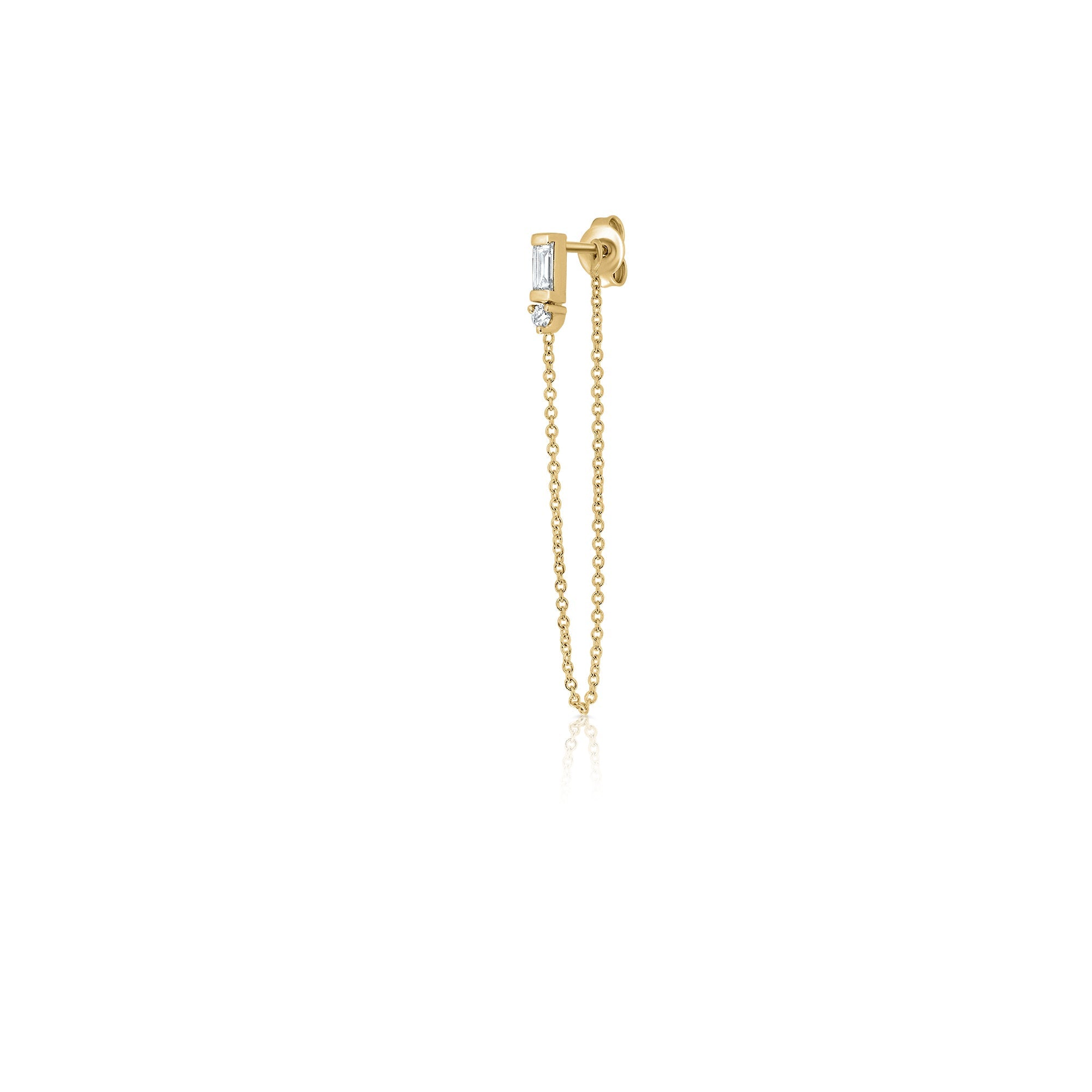 A special gold chain earring set with lab diamonds in a baguette and circle cut