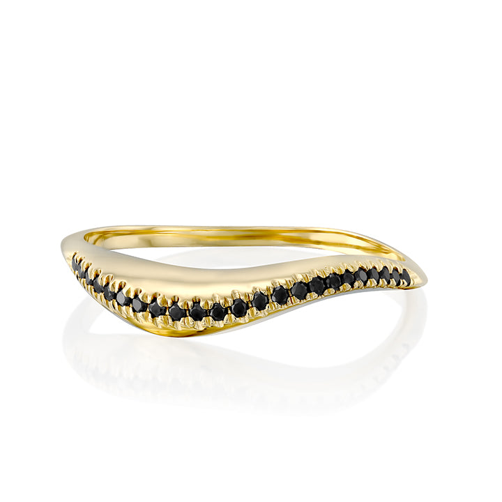 A thick wave ring set with a row of black diamonds