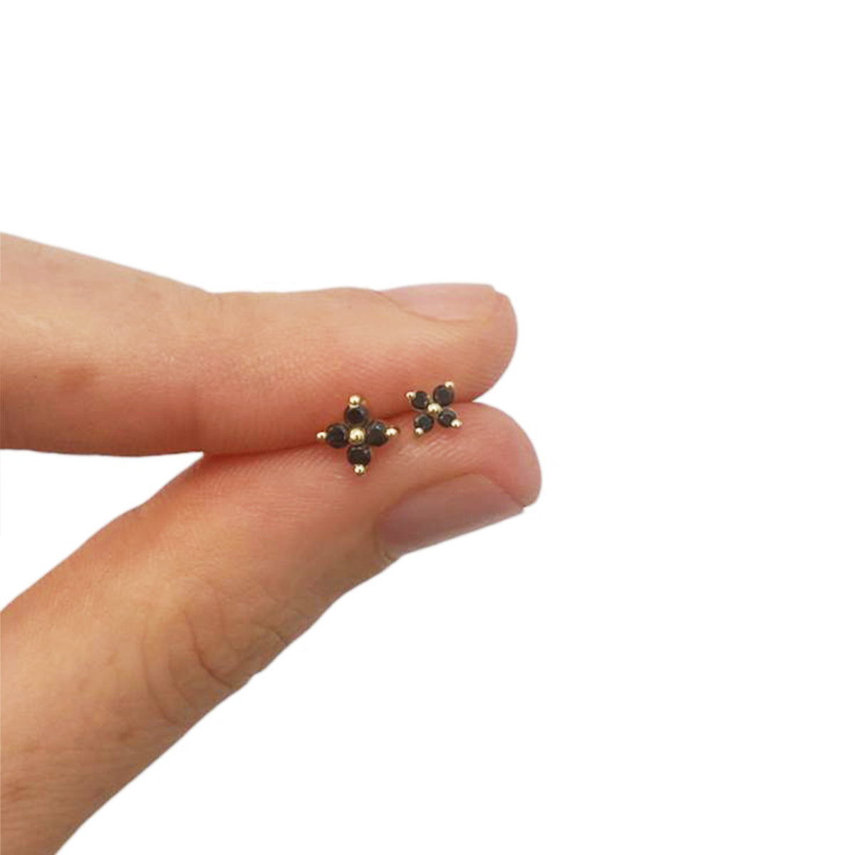 Tight gold earrings studded with 4 black diamonds (mini)